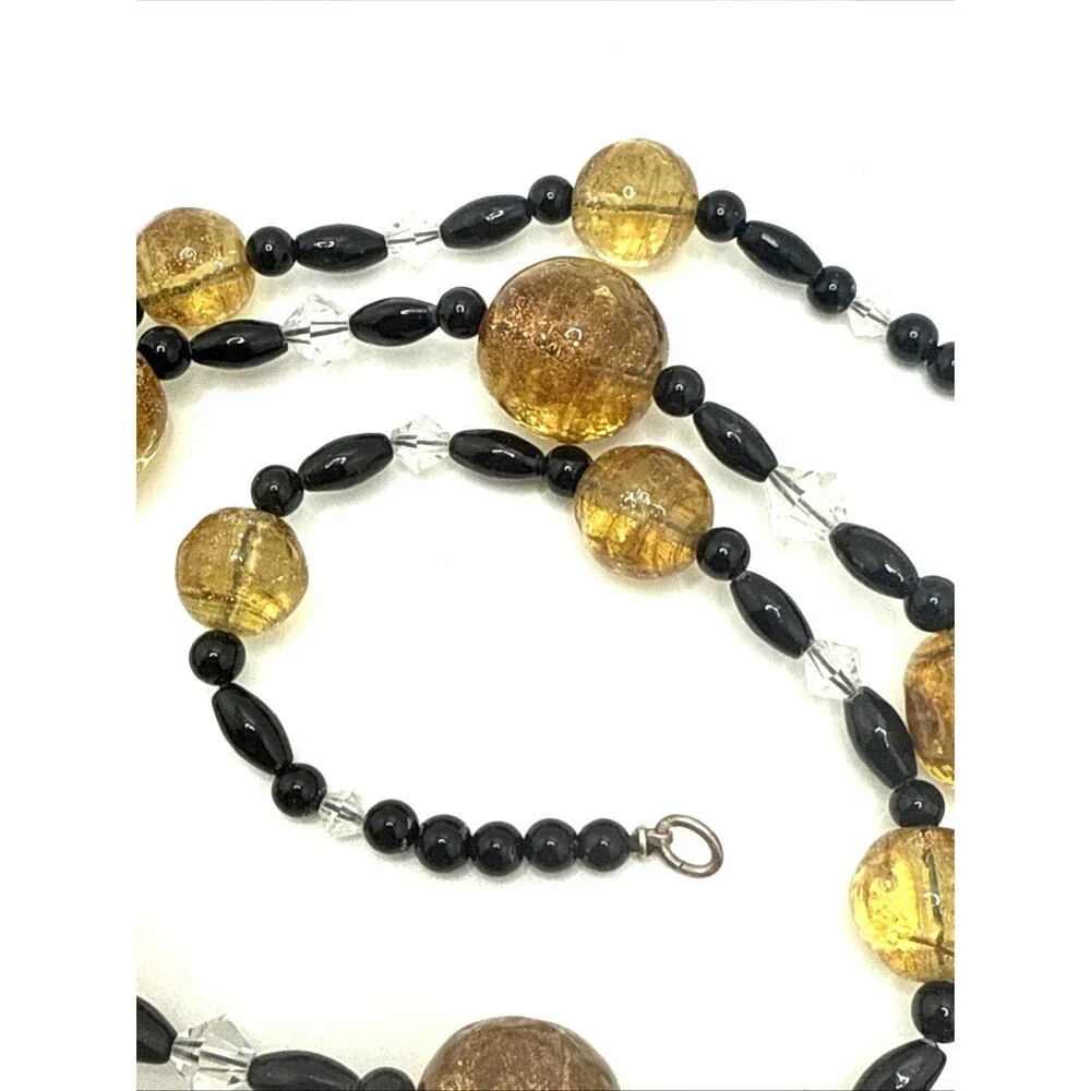 Lampwork Glass Bead Necklace Amber Black Crystal 925 Sterling Silver Clasp 26